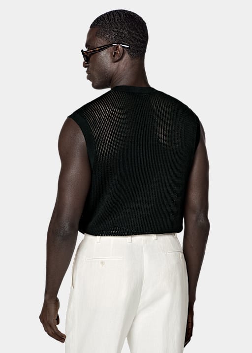 Black Crochet Sleeveless Crewneck