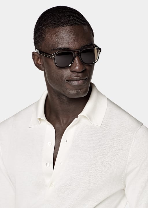 Polo manches longues blanc cass&eacute;