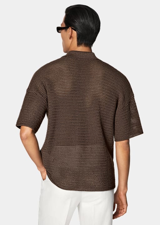 Mid Brown Crochet Polo Cardigan