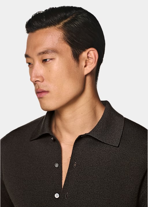 Dark Brown Long Sleeve Polo Cardigan