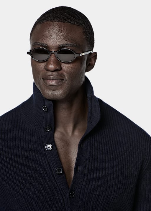 Navy Ribbed Long Sleeve Funnel-Neck