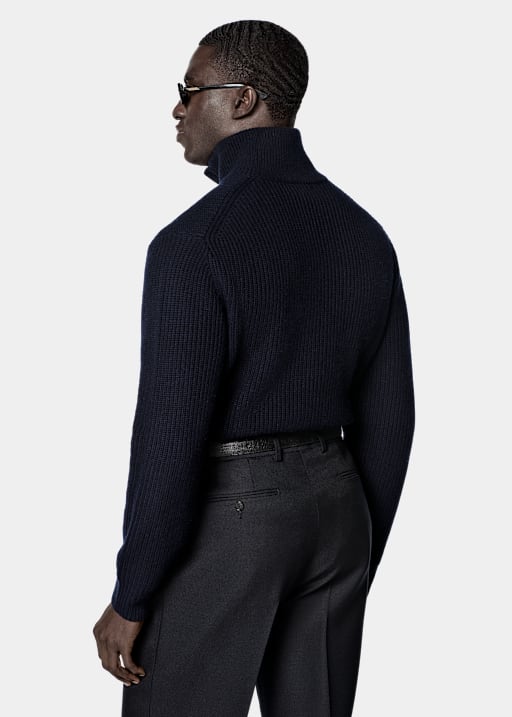 Navy Ribbed Long Sleeve Funnel-Neck