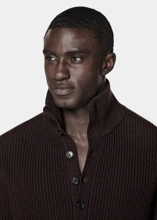 Dark Purple Ribbed Long Sleeve Funnel-Neck
