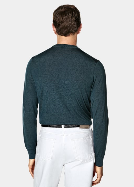 Jersey de cuello redondo en merino azul intermedio