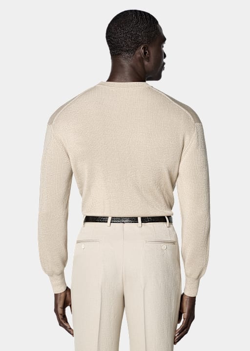Gerippter Merino Rundhalspullover hellbraun