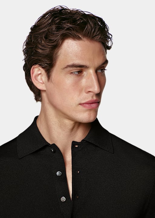 Black Merino Long Sleeve Polo