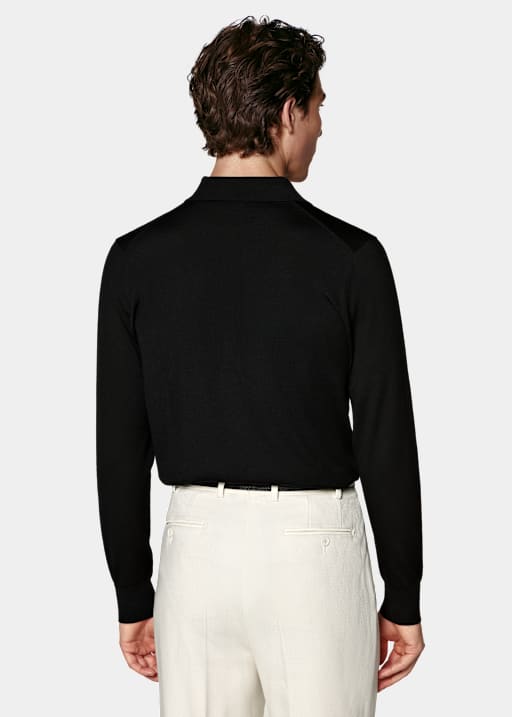 Black Merino Long Sleeve Polo