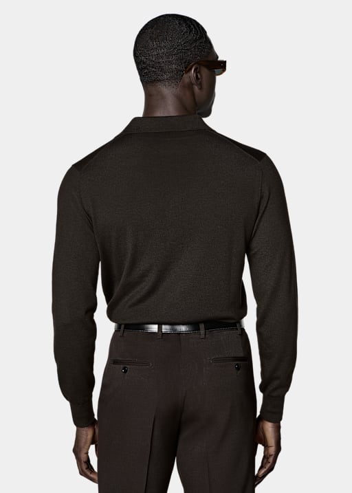 Dark Brown Merino Long Sleeve Polo