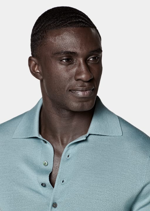 Light Blue Merino Long Sleeve Polo