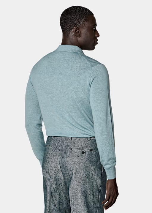 Light Blue Merino Long Sleeve Polo