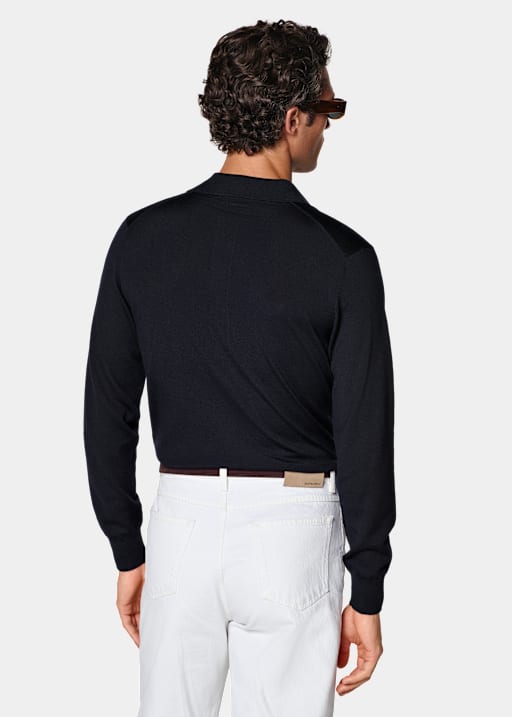 Navy Merino Long Sleeve Polo