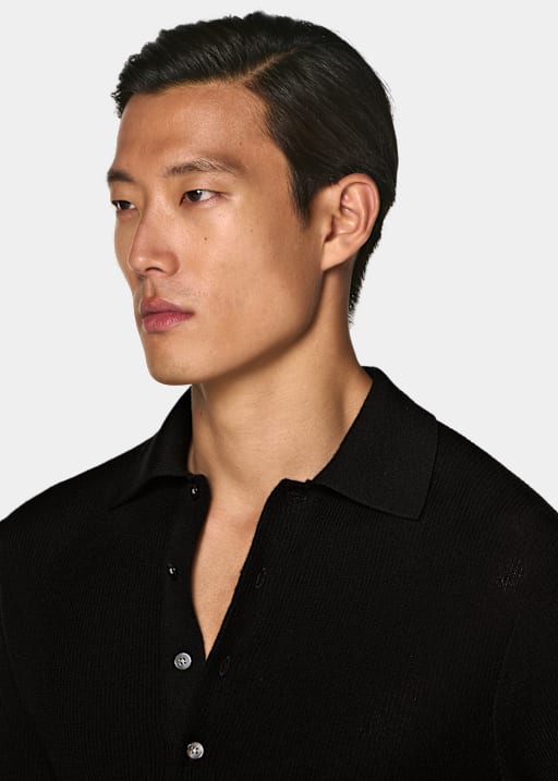 Black Ribbed Merino Long Sleeve Polo