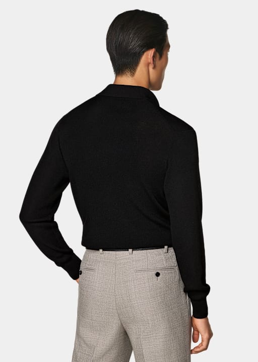 Black Ribbed Merino Long Sleeve Polo