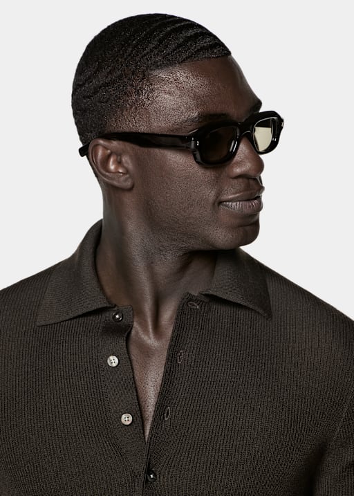 Dark Brown Ribbed Merino Long Sleeve Polo