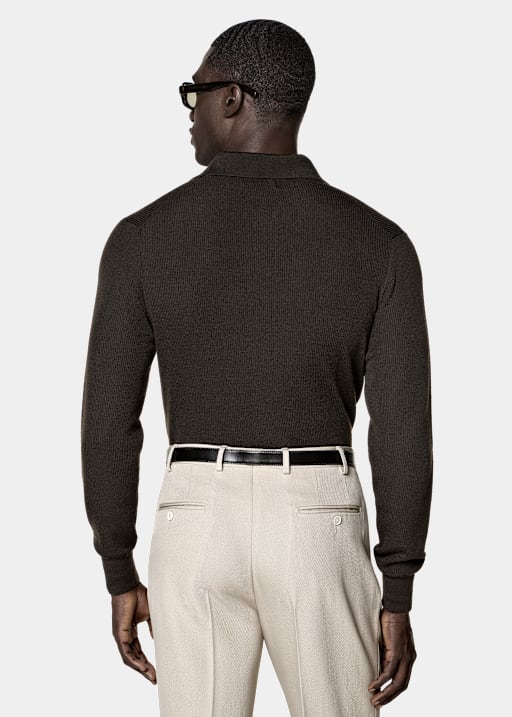 Dark Brown Ribbed Merino Long Sleeve Polo