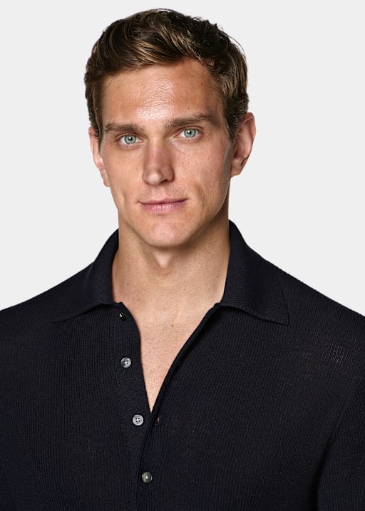 Navy Ribbed Merino Long Sleeve Polo