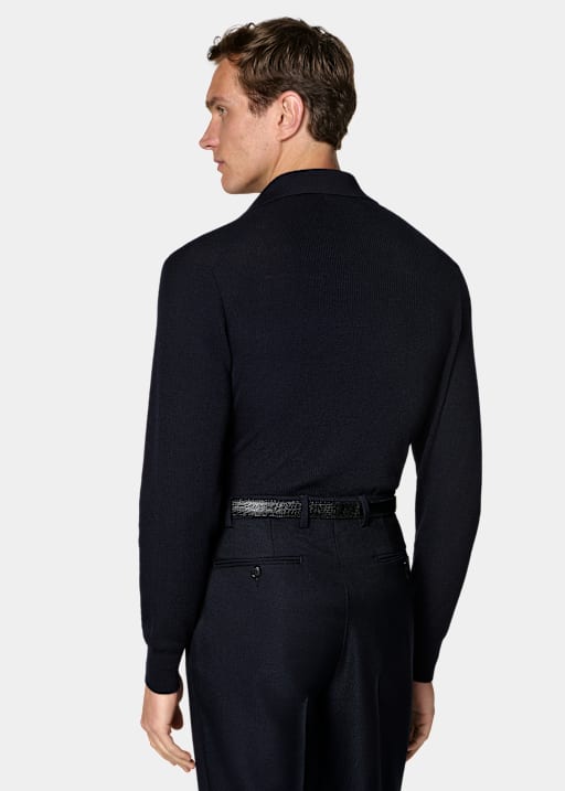 Navy Ribbed Merino Long Sleeve Polo