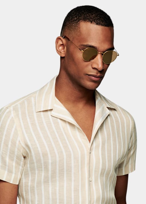 Light Brown Striped Camp Collar Slim Fit Shirt