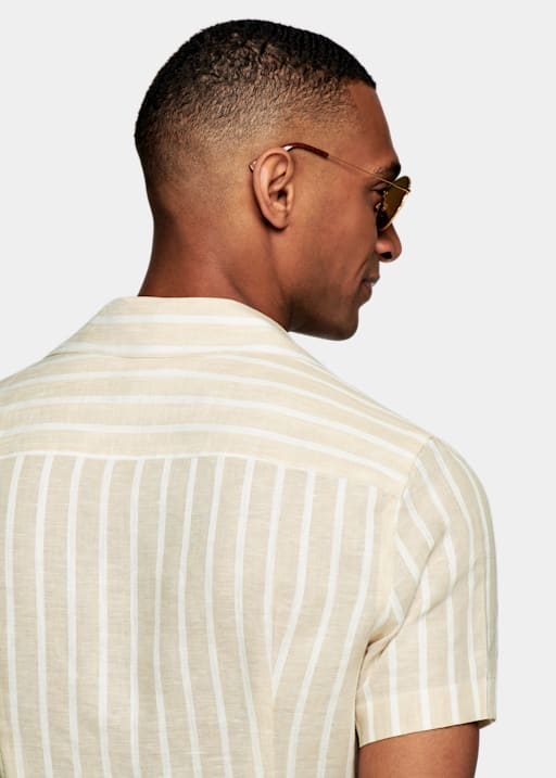 Light Brown Striped Camp Collar Slim Fit Shirt