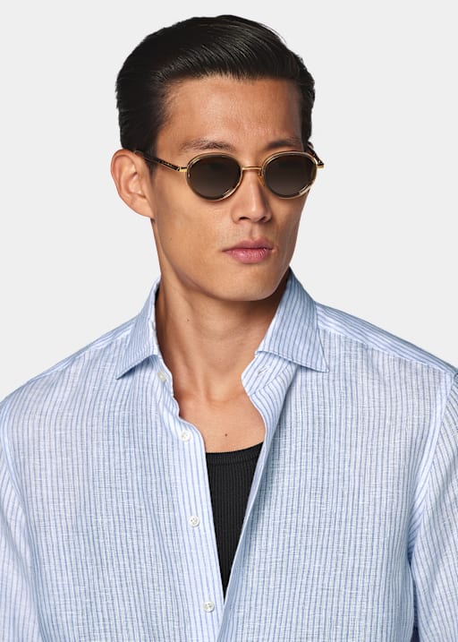 Mid Blue Striped Linen Shirt