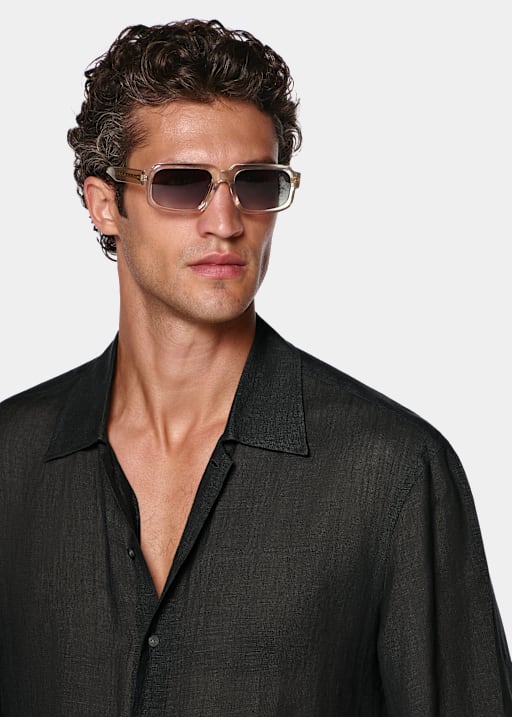 블랙 비스코스 린넨 반팔 셔츠