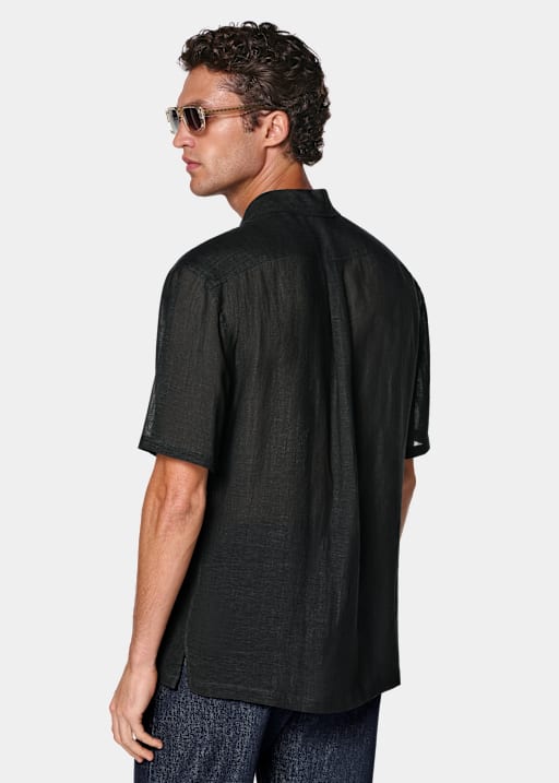 블랙 비스코스 린넨 반팔 셔츠