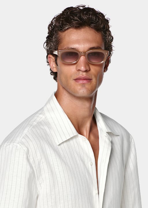 Chemise &agrave; manches courtes en lin et lyocell &agrave; rayures gris clair