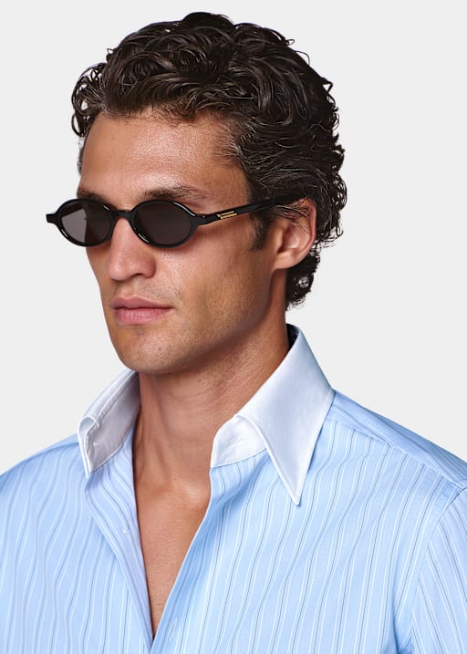 Chemise &agrave; col &agrave; point rayures bleu clair