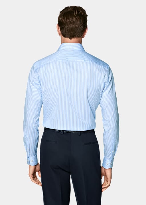 Mid Blue Striped Widespread Collar Shirt