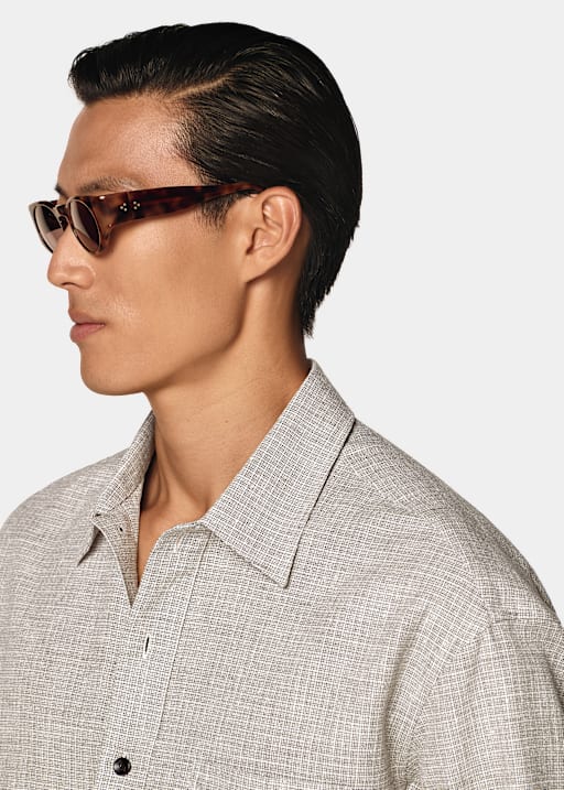 Mid Brown Checked Linen Cotton Blend Popover Shirt
