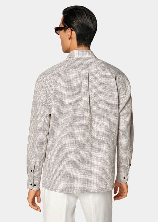 Mid Brown Checked Linen Cotton Blend Popover Shirt