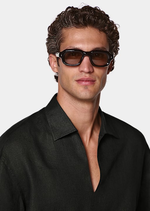 Black Linen Popover Short Sleeve Shirt