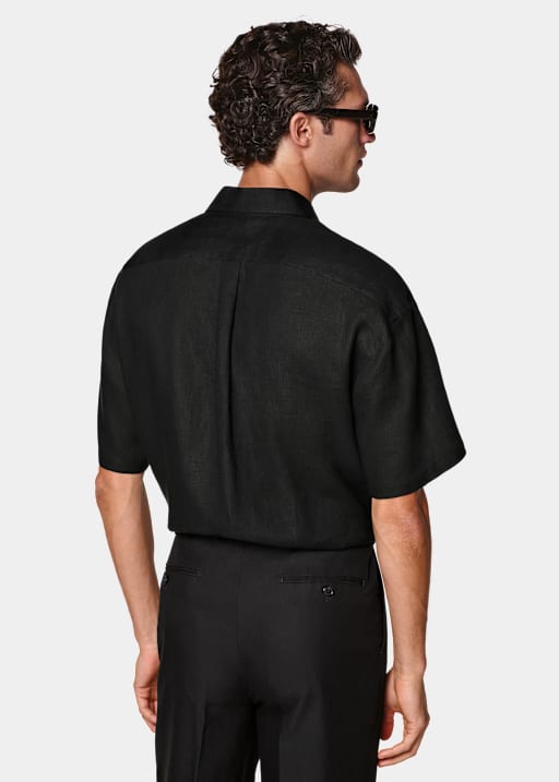Black Linen Popover Short Sleeve Shirt