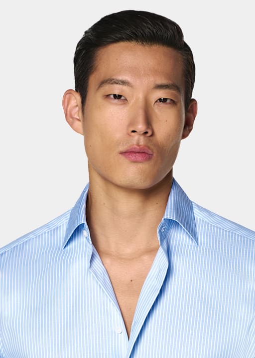 Mid Blue Striped Widespread Collar Shirt