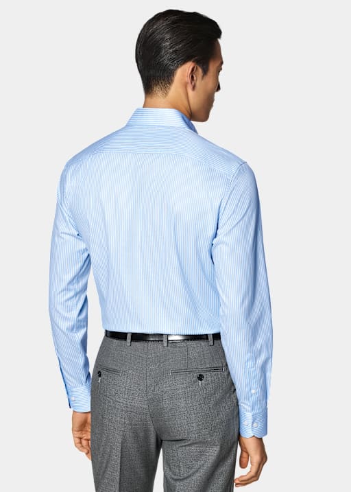 Mid Blue Striped Widespread Collar Shirt