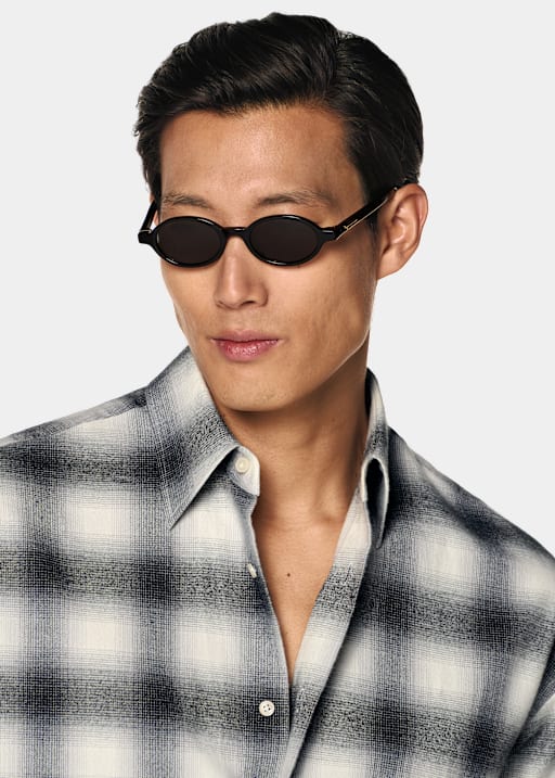 Chemise &agrave; carreaux gris fonc&eacute; en coton et cachemire