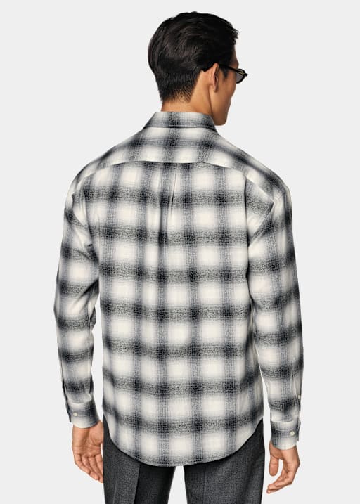 Chemise &agrave; carreaux gris fonc&eacute; en coton et cachemire