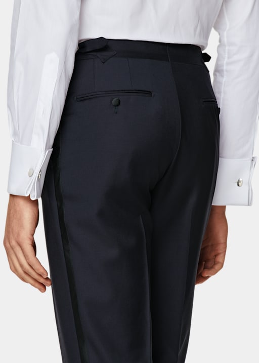 Navy Slim Leg Straight Tuxedo Trousers