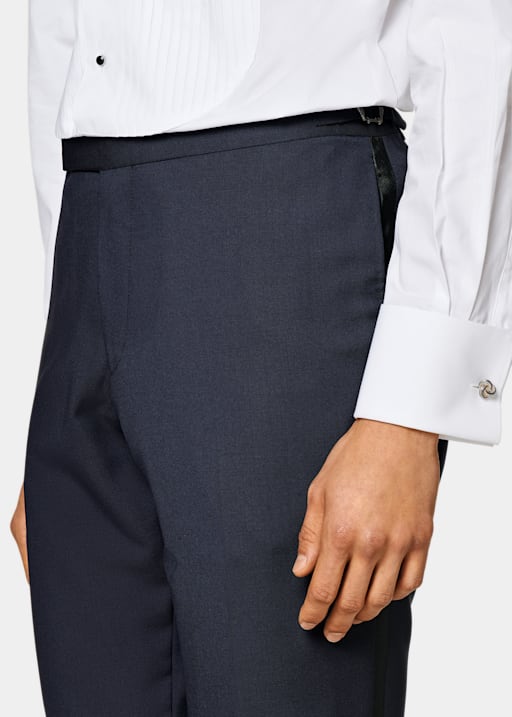 Navy Slim Leg Straight Tuxedo Trousers