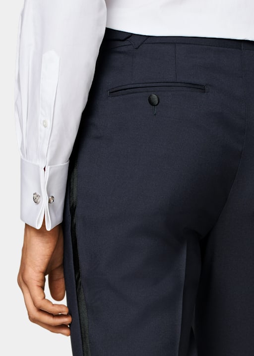 Navy Slim Leg Straight Tuxedo Trousers