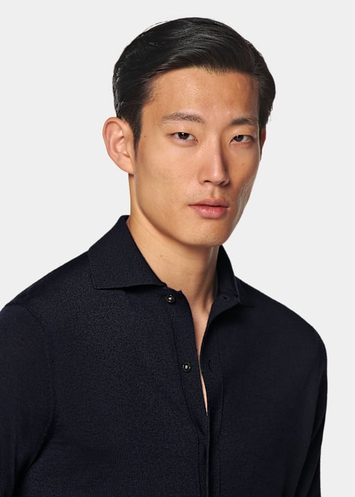 Navy Merino Long Sleeve Polo Cardigan