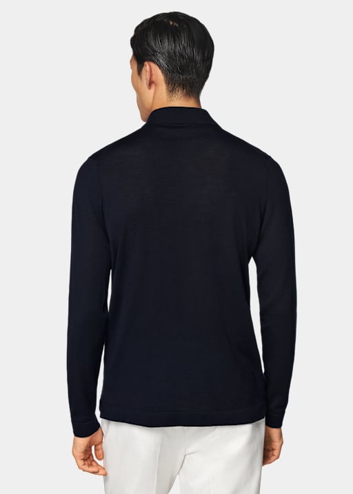 Navy Merino Long Sleeve Polo Cardigan