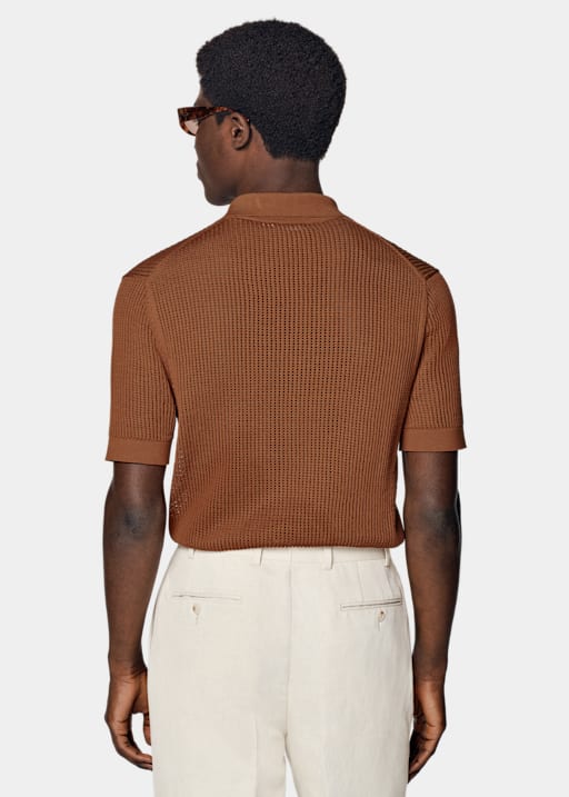 Dark Orange Crochet Buttonless Polo Shirt 