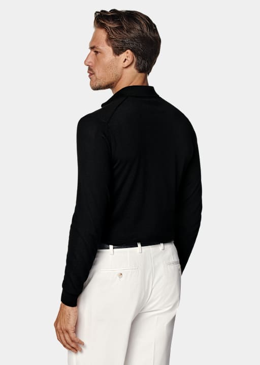 Black Merino Long Sleeve Polo