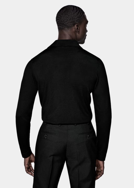Black Merino Long Sleeve Polo Cardigan