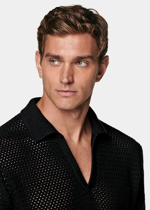 Black Crochet Buttonless Polo