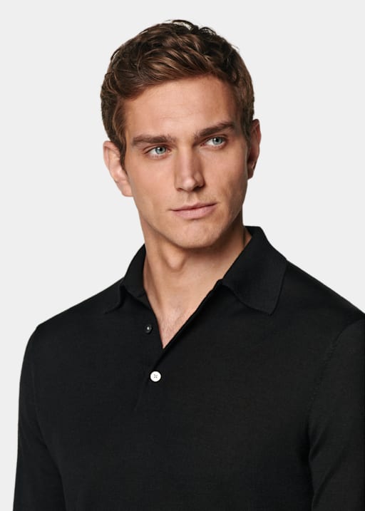 Black Merino Long Sleeve Polo