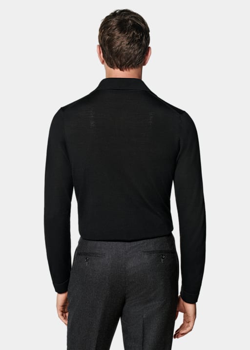 Black Merino Long Sleeve Polo Cardigan