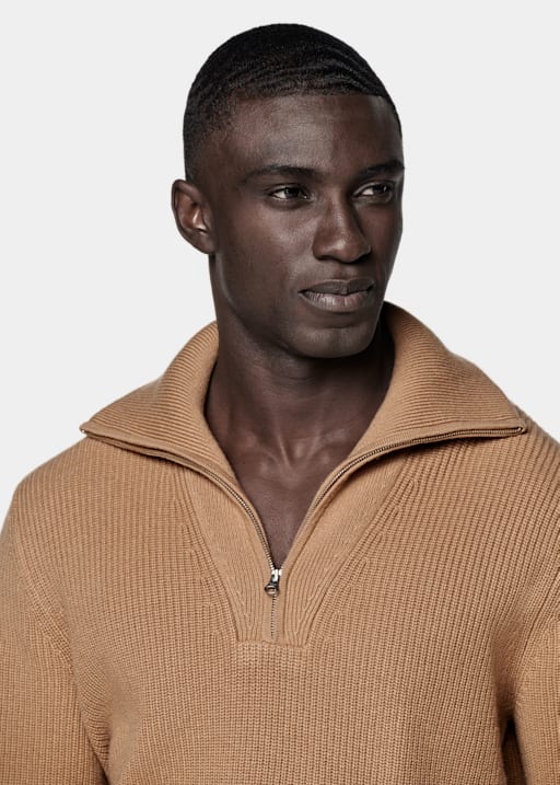 Mid Brown Ribbed Half Zip