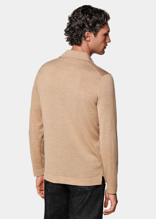 Mid Brown Merino Long Sleeve Polo Cardigan